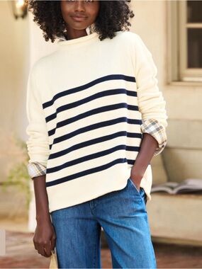 Frank & Eileen MONTEREY Rolled Funnel Neck Sweater Cream With Navy Stripes